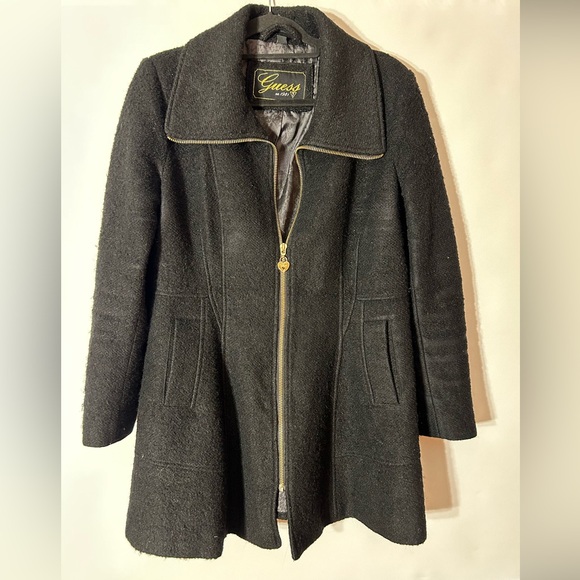 GUESS BLACK WOOL BLEND SKIRTED TAILOR FIT SWING COAT FULL ZIP COLLAR PEPLUM XL - Picture 4 of 13
